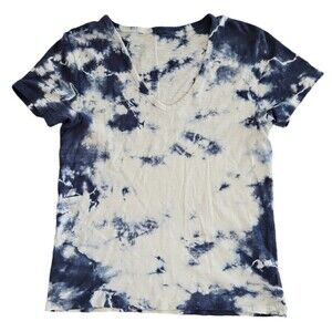 Lucky Brand Top Womens Small White Blue Tie Die V-Neck Shirt 100 Cotton Short